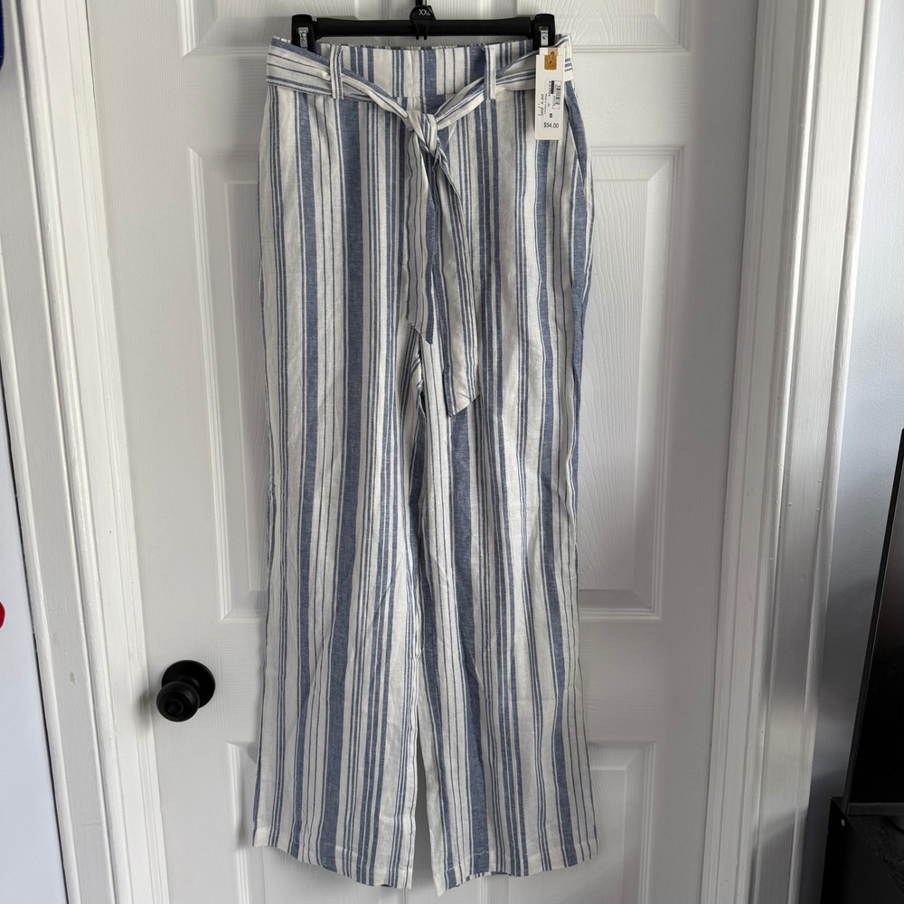 Land 'n Sea Blue White Striped Wide Leg Tie Waist Pants NWT Linen Blend Sz Small